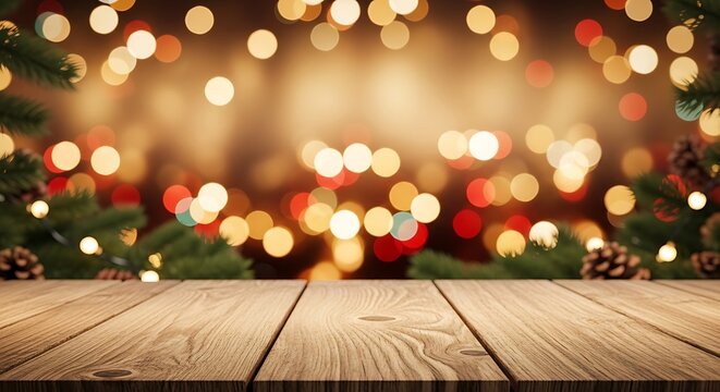 Empty wooden table top with blurred christmas lights and pine branches in the background, festive holiday background for product display