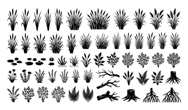 Black cattail reed and wetland landscape silhouette pack editable vector illustration