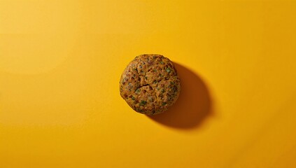 Naklejka premium Round chocolate chip cookie with visible chunks placed on a vibrant yellow background, showcasing texture and details of the baked good