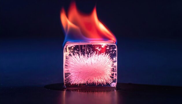 Burning ice cube with pink glowing core