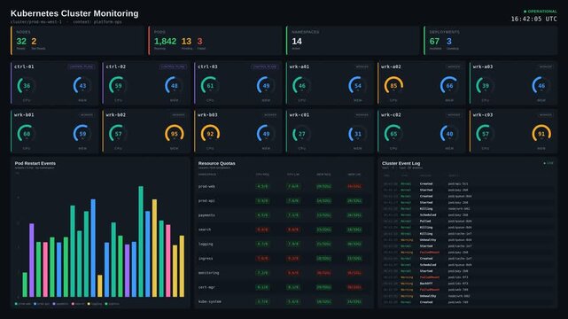 Dark-mode Kubernetes cluster monitoring dashboard displaying real-time node health, resource usage gauges, and compliance metrics in a sleek UI. professional stock footage for technology, business,.