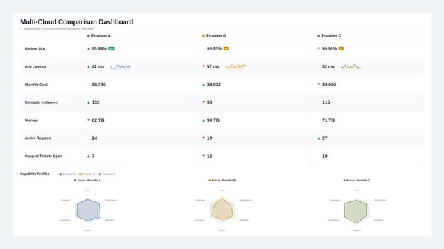 Multi-cloud comparison dashboard showing identical metrics across three providers in a clean, grid-based layout with performance indicators. professional stock footage for technology, business, and.