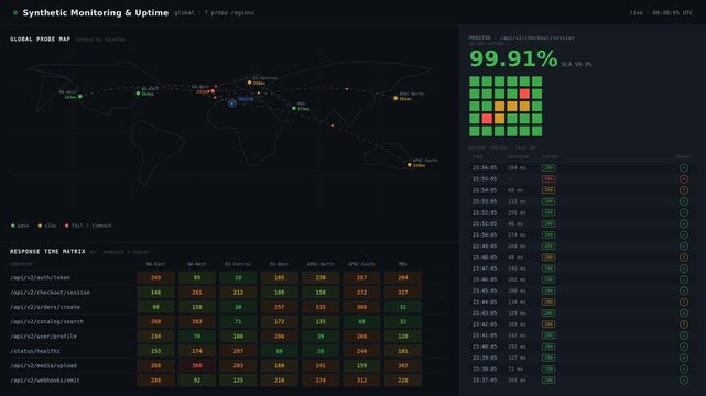 Synthetic monitoring dashboard showing global uptime checks with probe markers on a dark world map and performance matrix. professional stock footage for technology, business, and editorial use.