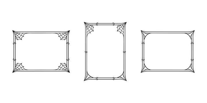 Halloween cobweb frame borders set line art. Black and white spider web corner decorative photo frames isolated on a white background