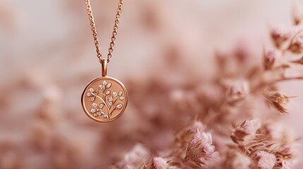 Fototapeta premium Elegant rose gold pendant featuring an intricate floral design, placed on a soft pastel background with realistic product photography that highlights feminine beauty, luxury, and refined elegance 
