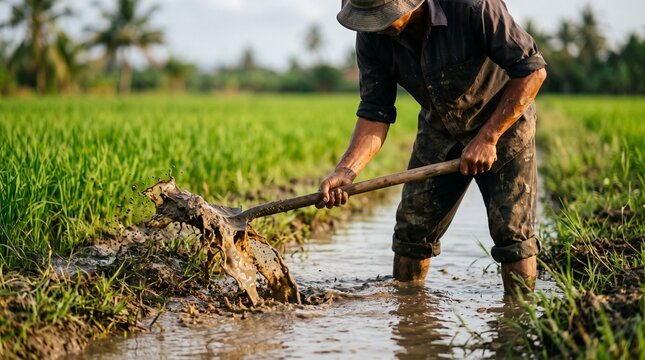 Irrigation worker dredging thick mud from canal trench using shovel for water management maintenance