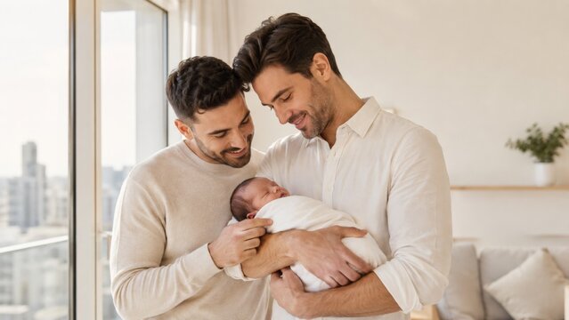 Gay Couple of New Fathers Bonding With Their Newborn Baby at Home