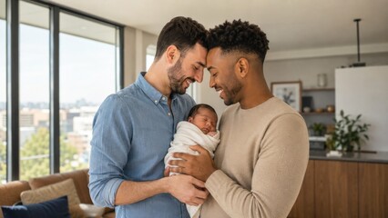 Fototapeta premium Gay Couple of New Fathers Bonding With Their Newborn Baby at Home
