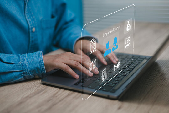 Employee benefits management concept with digital HR interface showing compensation on laptop, health insurance, paid leave, employee wellness, workforce management, and human resources administration