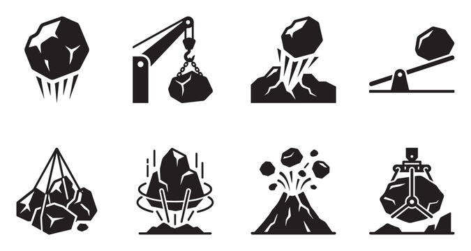 Collection of stone and rock related icons showing mining and geological processes and tools.