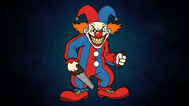 Menacing Jester Character Holding A Rusty Hand Saw Ready For A Sinister Scary Circus Prank