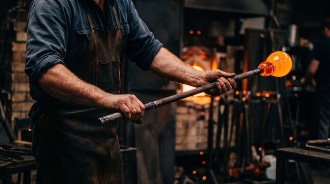 Glass blower holding glowing molten glass on blowpipe inside traditional hot glassblowing workshop