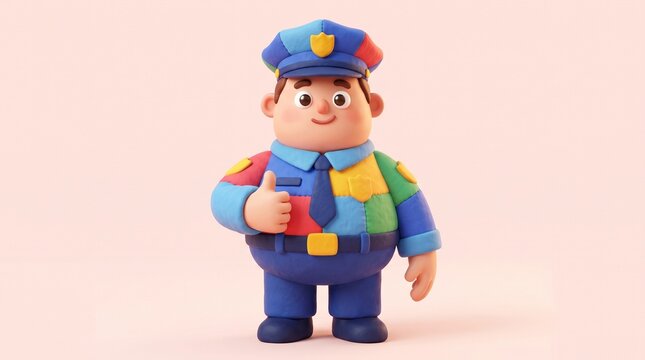 A cute clay-style 3D police character, wearing a colorful uniform, raises both hands with palms facing forward in a friendly 'stop' or 'enough' gesture.