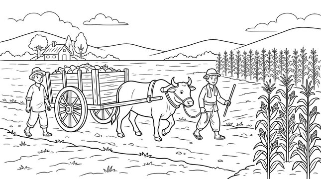 Farmers with ox cart coloring page for kids