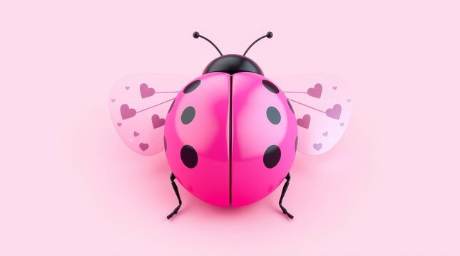 Symmetrical 3D illustration of a glossy pink ladybug with heart patterns on its wings