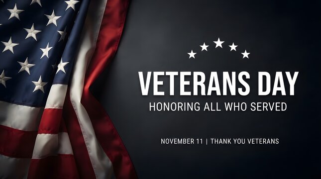 Veterans day background with a united states flag and text honoring all who served on dark backdrop