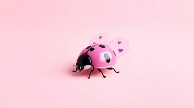 Minimalist 3D render of a pink ladybug with black spots and heart-patterned wings