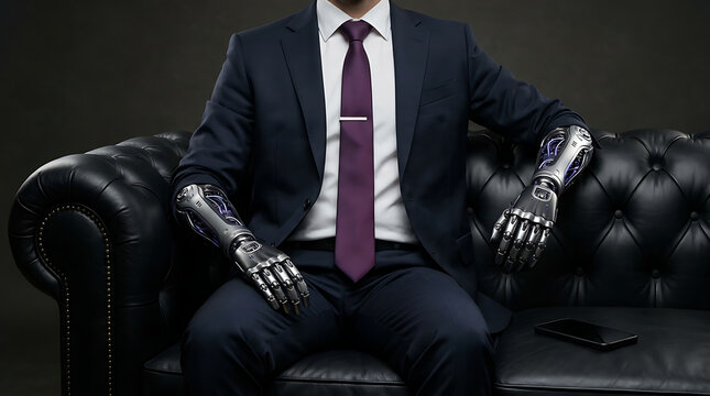 Professional businessman in a suit sitting on a leather sofa with bionic prosthetic arms
