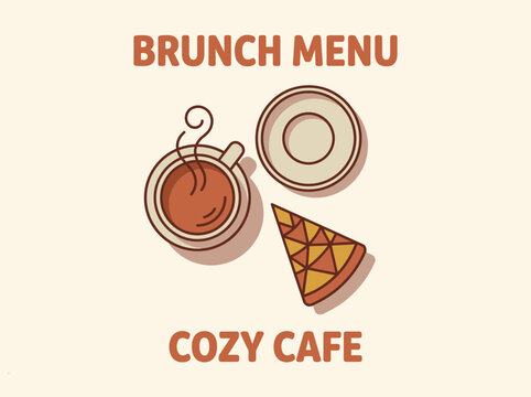 Coffee cup and pastry brunch menu. Cozy cafe breakfast illustration with hot drink.