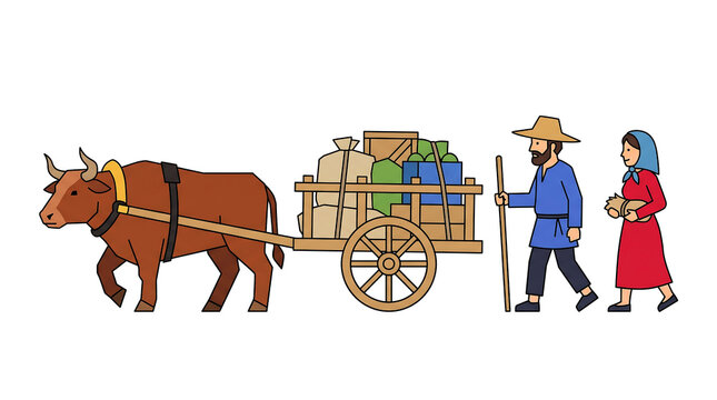 Ancient farmers moving harvest goods in bullock cart isolated