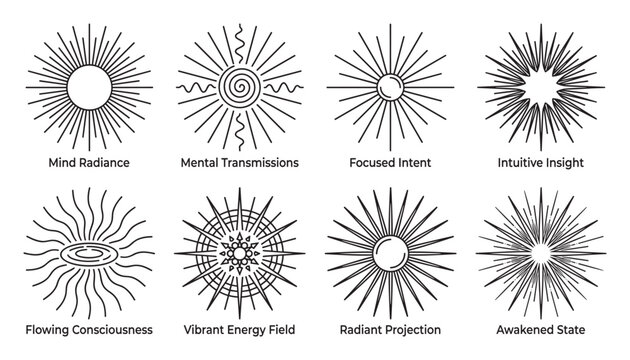 Spiritual enlightenment symbols representing mind radiance and energy fields.