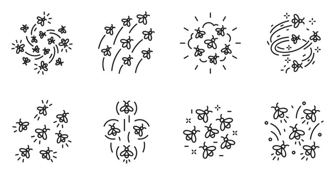 Swarming flies and insects in dynamic patterns showing movement and clusters.