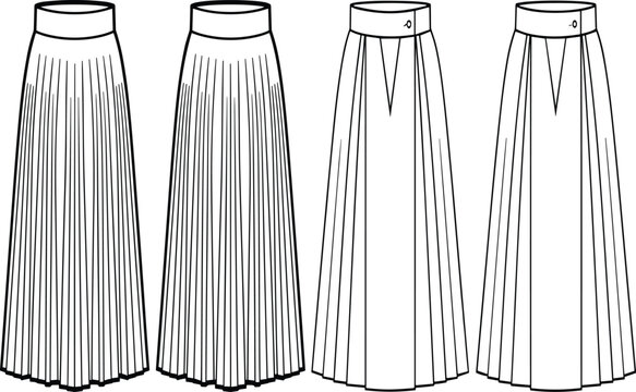 Blank pleated midi skirt vector set box pleat technical flat sketch template front back view fashion line art design mockup