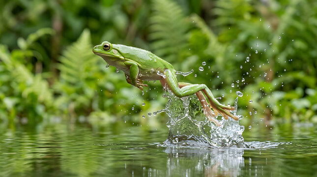 Vibrant green frog powerfully leaps from tranquil pond water amidst lush natural foliage, creating a dynamic splash