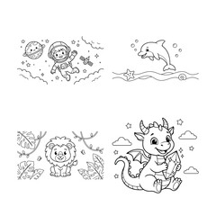 Fototapeta premium Set of four educational dot to dot activity sheets for children featuring cute animals and fantasy creatures