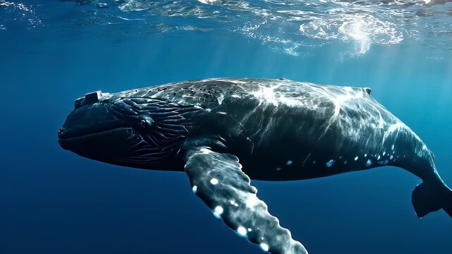 Underwater close up of a majestic humpback whale swimming near ocean surface