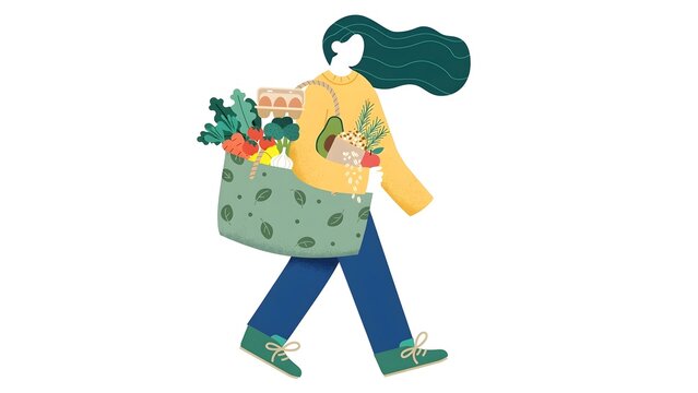 Alegria style vector illustration of a young woman carrying a basket full of fresh organic fruits and vegetables