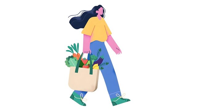 Alegria style vector illustration of a young woman carrying a basket full of fresh organic fruits and vegetables