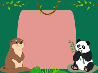 Otter and giant panda with bamboo leaves and green foliage © prachi