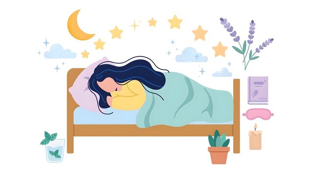Alegria style vector illustration of a young woman sleeping peacefully in a comfortable bed at night