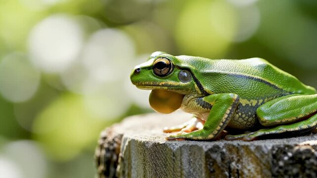 Close up of a green tree frog croaking with inflated vocal sac on a tree stump