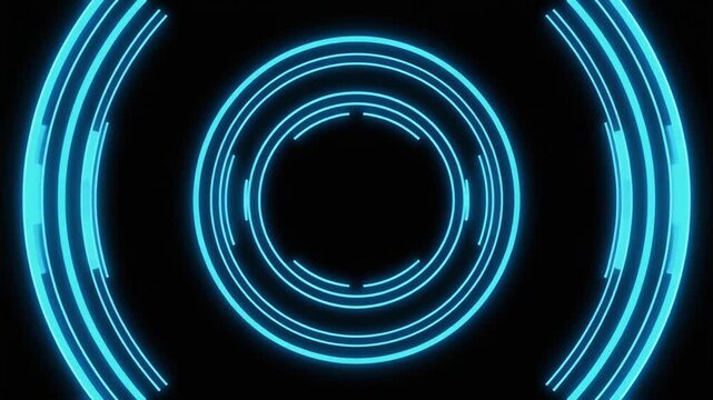 薄い青色の発光円弧が黒い空間に立体的な輪を作り透明な層と柔らかな光を伴って浮遊する