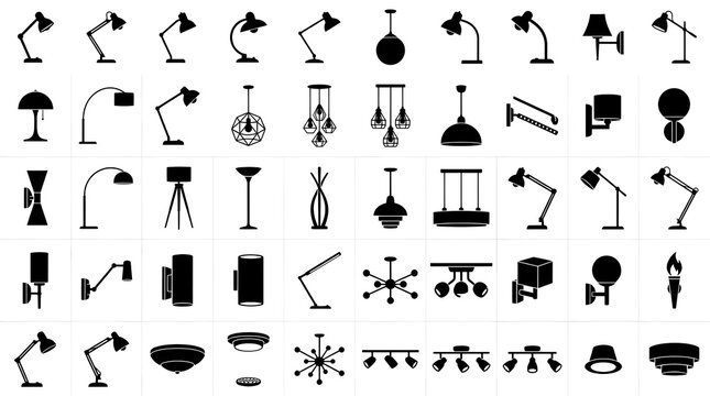 Modern lighting silhouettes collection featuring desk lamps, floor standing lamps, pendant chandeliers, wall sconces, and track ceiling lights on white background