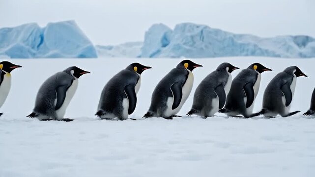 Line of king penguins walking in a row on antarctic snow field