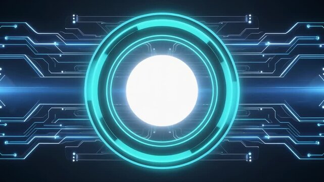 薄い円盤状の発光輪が空中に浮かび白い中心光と重なる青い多層輪が電子回路の背景を照らす
