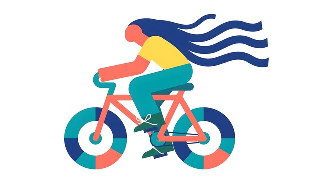 Alegria style vector illustration of a young woman riding a bicycle outdoors in a sunny day