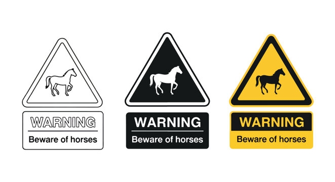 Warning sign beware of horses road icon: Icon set - Minimalist, flat icon, outline, glyph, linear, clipart, sticker 