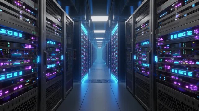 青紫の表示灯が輝くサーバーラックが一直線に続き巨大なAI計算設備の静かな通路を形成する