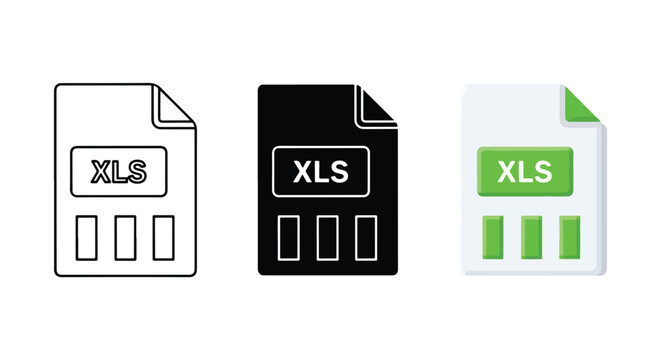 Xls spreadsheet document file icon set: Glyph and solid icon set - Icon vector - logo icons. Blue, Black and white icons