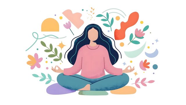 Alegria style vector illustration of a young woman doing yoga pose and meditating in a peaceful state