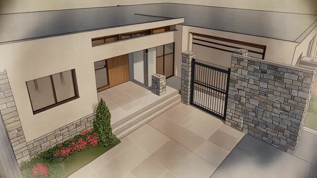 天然石の門袖と塗り壁に縦の隙間が入りシンボルツリーと草花が上品な住宅外構を彩る