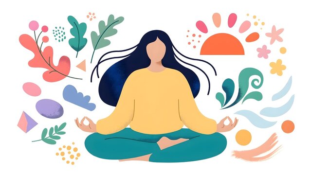 Alegria style vector illustration of a young woman doing yoga pose and meditating in a peaceful state