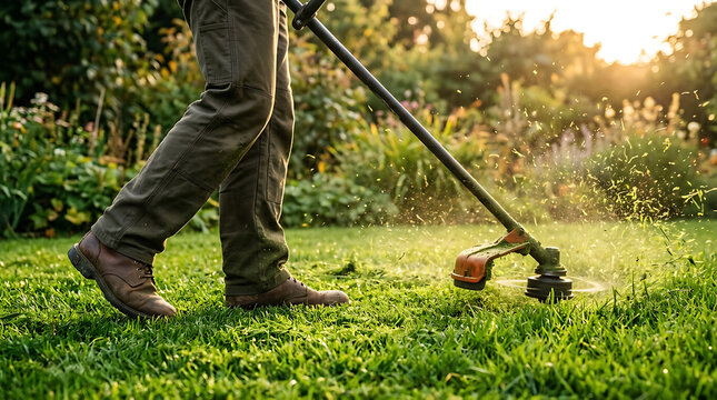 Close up of worker legs cutting green lawn with grass string trimmer in garden