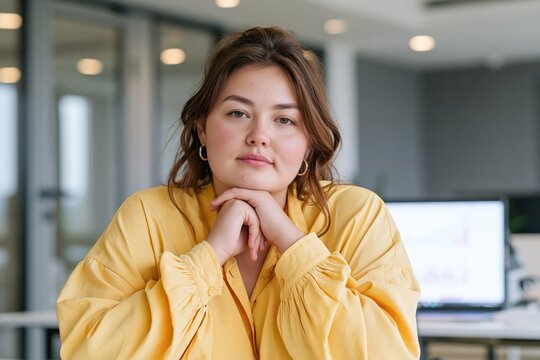 Professional business portrait of a young woman leaning on hands in an office environment for team profile headshot and company website banner