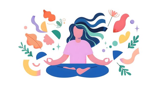 Alegria style vector illustration of a young woman doing yoga pose and meditating in a peaceful state