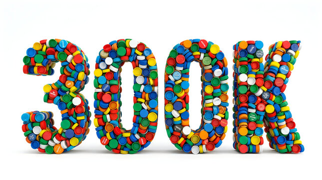 300k text written with colorful plastic bottle caps isolated on white background pollution colorful